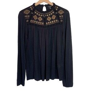 Lucky Brand Black Gold Embroidered Long Sleeve Blouse Size S Women